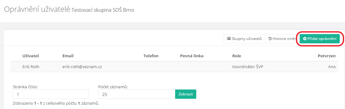 Seznam uživatelů skupiny; přidat oprávnění