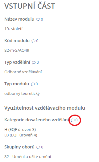 Komentář lze vkládat po kliknutí na ikonu „bubliny“ u příslušné položky